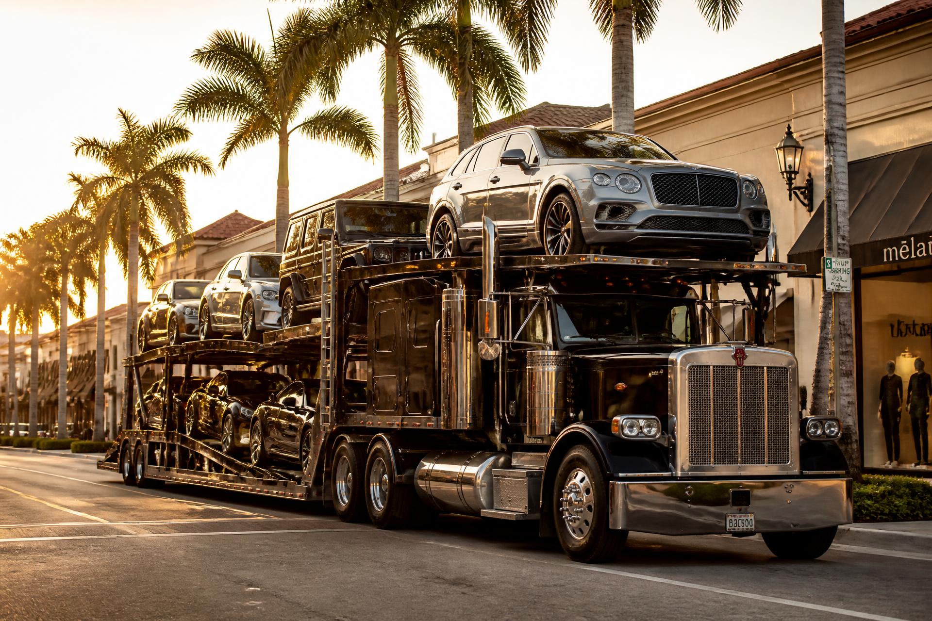 An enclosed car hauler moving down Fifth Avenue South in Naples, Florida at golden hour